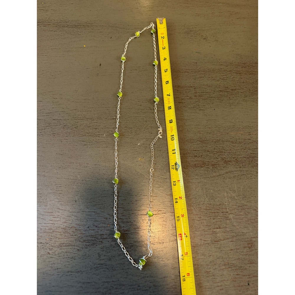 vintage Silver Tone Lime Green Cat Eye Bead Wire Wrapped Station Necklace 18" - Picture 4 of 4